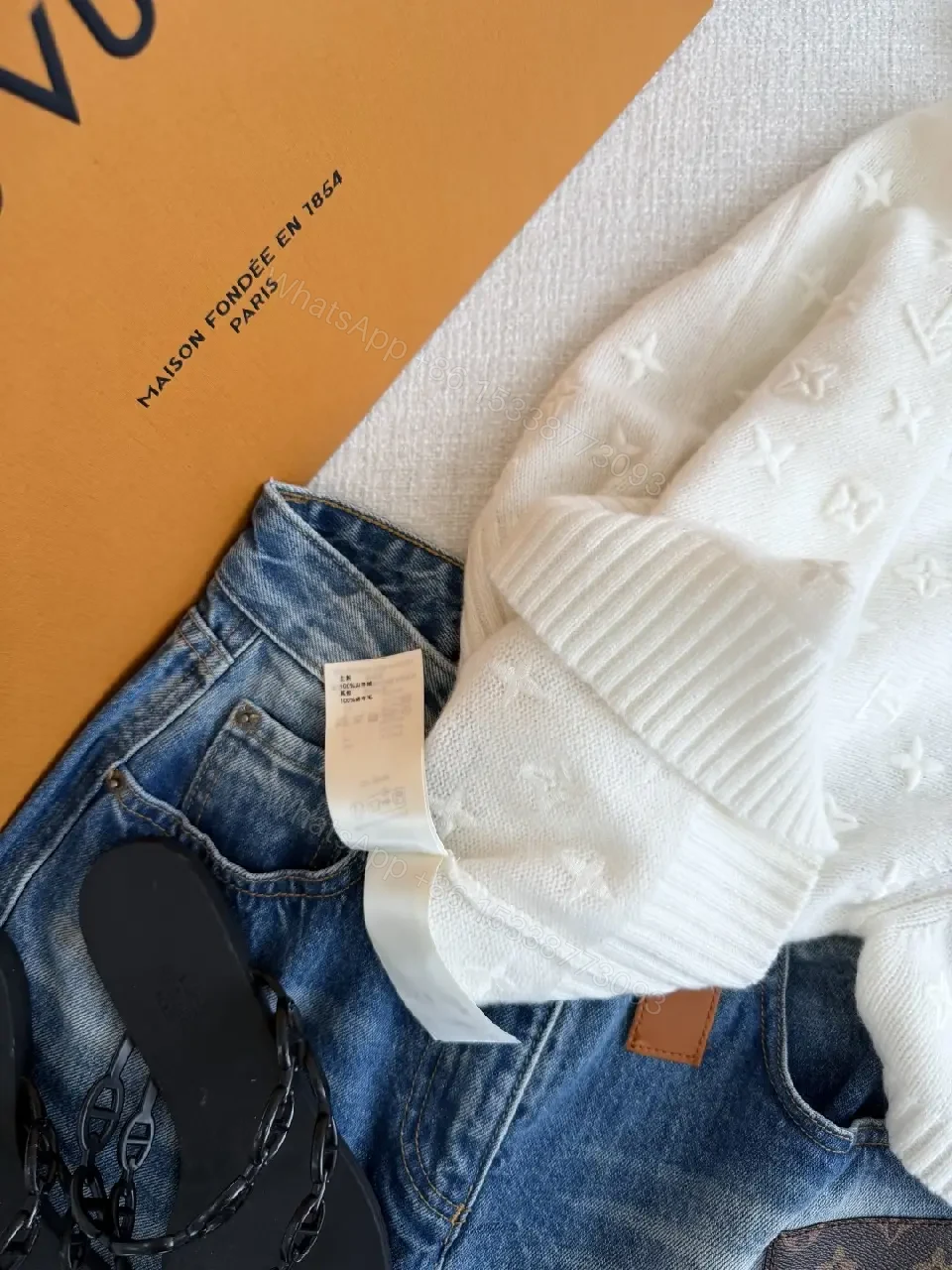 View 8 of White Knit Sweater Baggy Monogram Star Pattern Crew Neck Knitwear