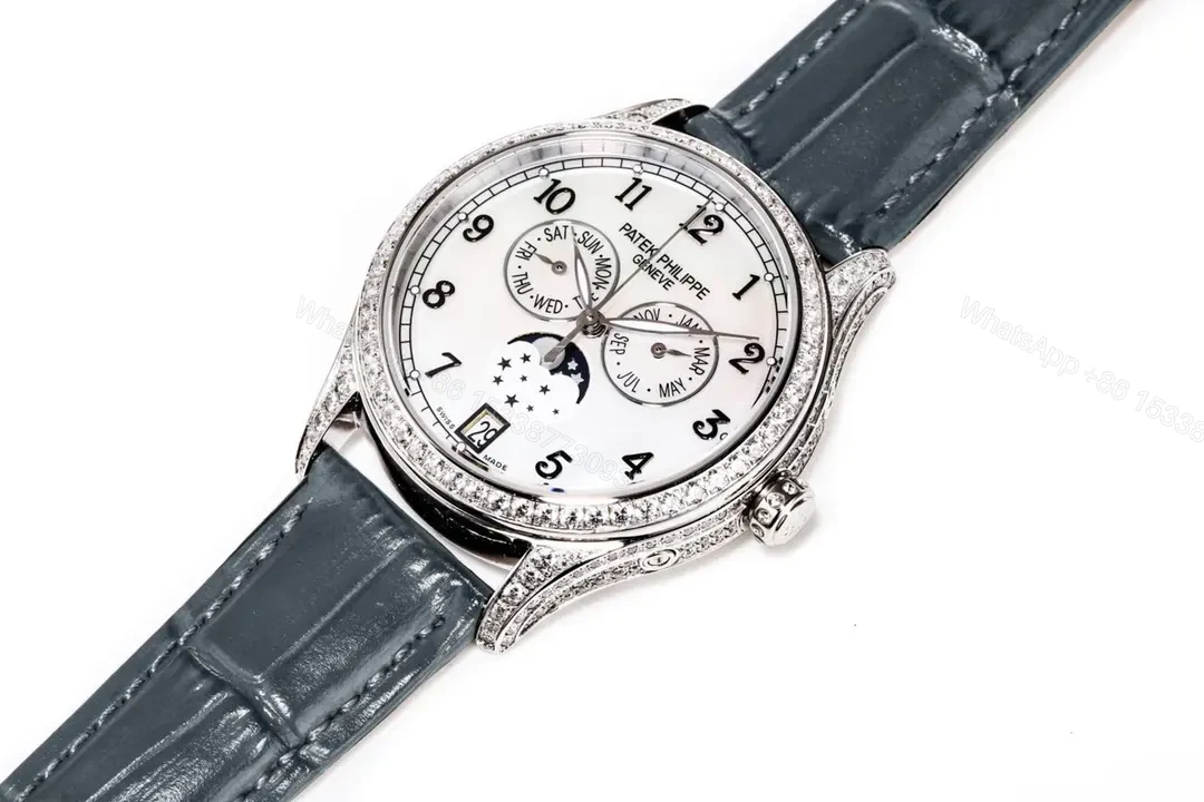 View 4 of Patek Philippe Complications Annual Calendar Moon Phase Women’s Watch 4947R/4947G 4948R/4948G Rose Gold/White Gold Diamond Set Case Black Leather Strap