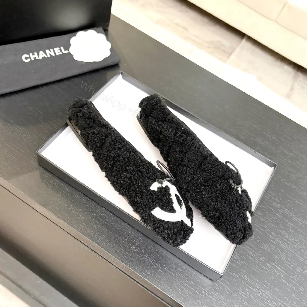 View 2 of Black Shearling Slippers with Logo Accent, Luxe Knit Sole