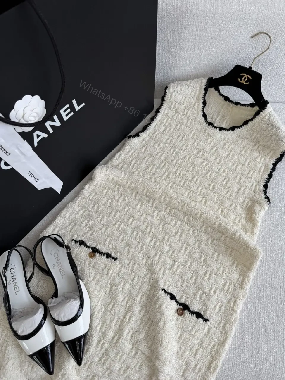 View 2 of Textured Knit Dress: Cream, Bouclé, Sleeveless, Luxe Trim, Midi Dress