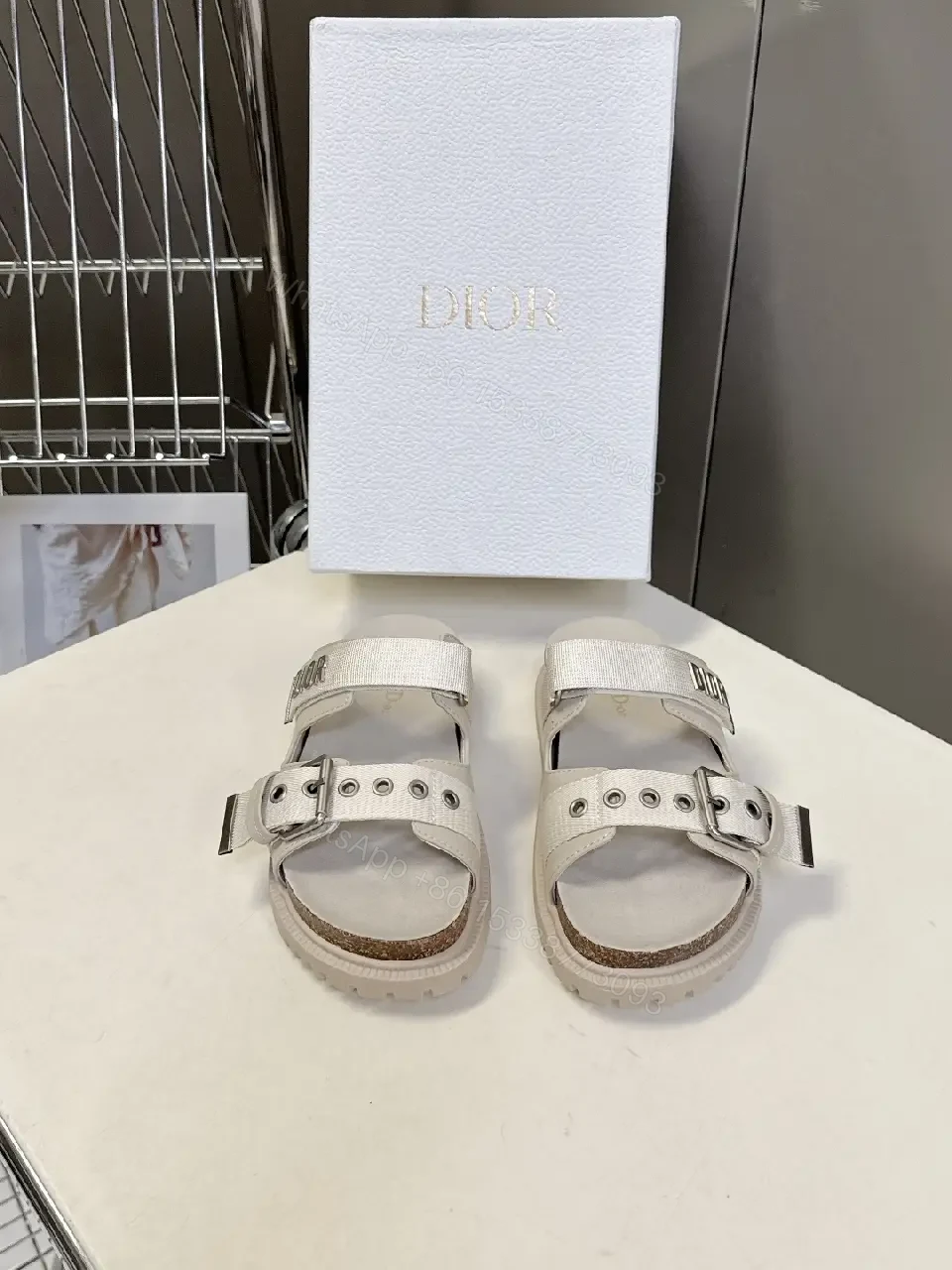 View 2 of Cream Leather Sandals, Metallic Buckle, Dior Style, Cork-Insole Comfort, Sandals