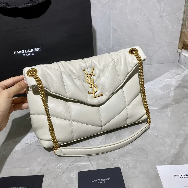 View 2 of Quilted White Crossbody with Gold Hardware â€“ Signature Saint Laurent Bag