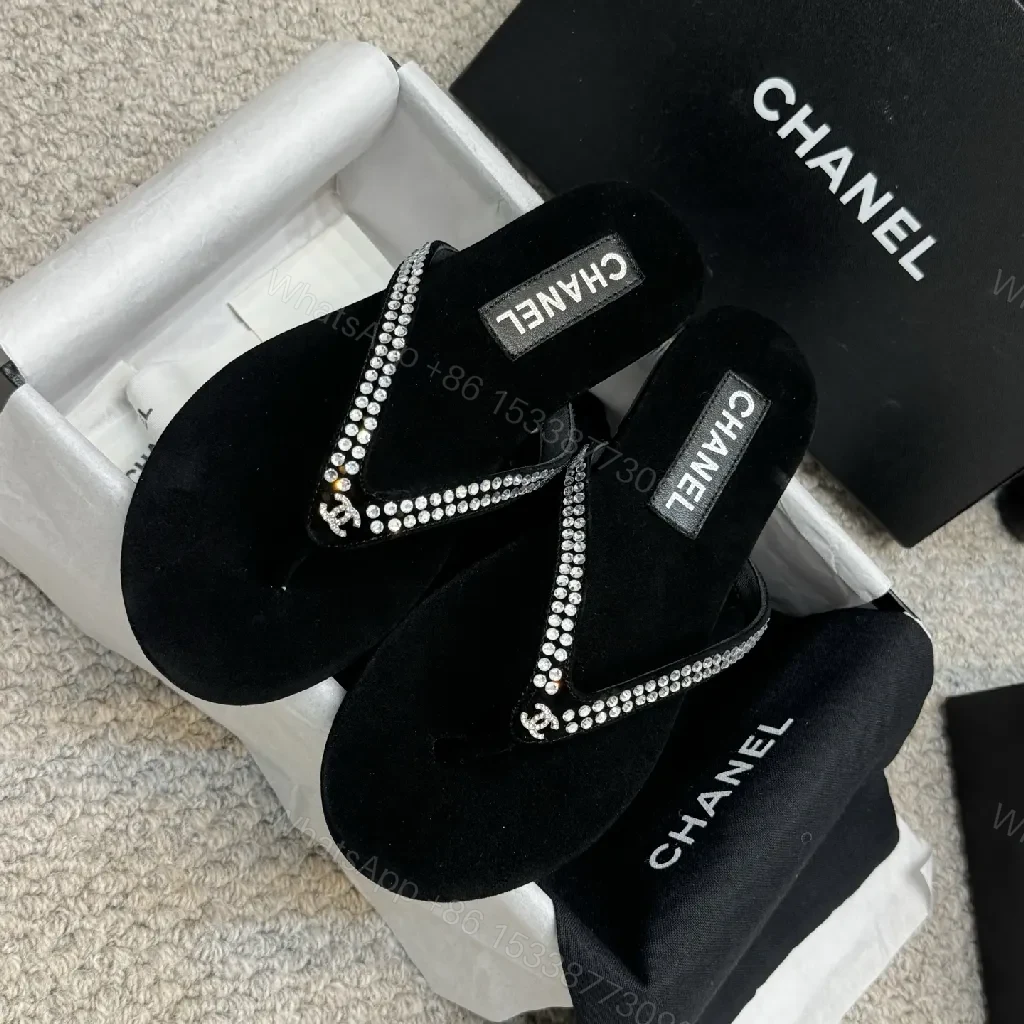 View 2 of Velvet-Embellished Crystal Flip-Flops: Luxe Black Comfort