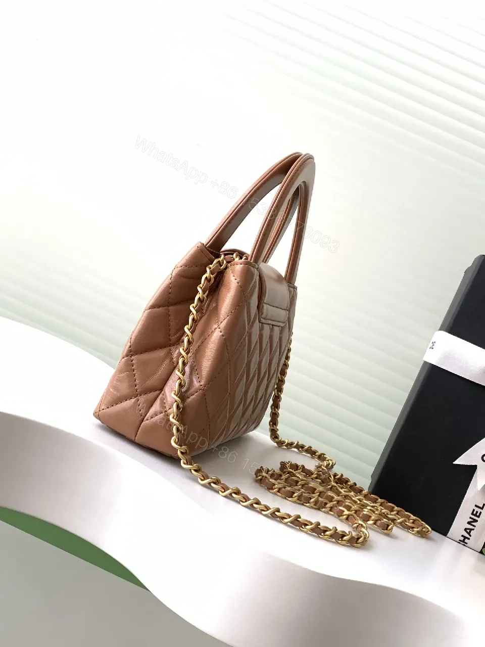View 9 of Warm Caramel Quilted Leather Crossbody Bag - Structured Luxe