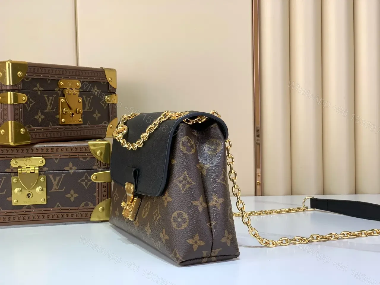 View 6 of Navy Blue Flap LV Monogram Coated Canvas Shoulder Bag