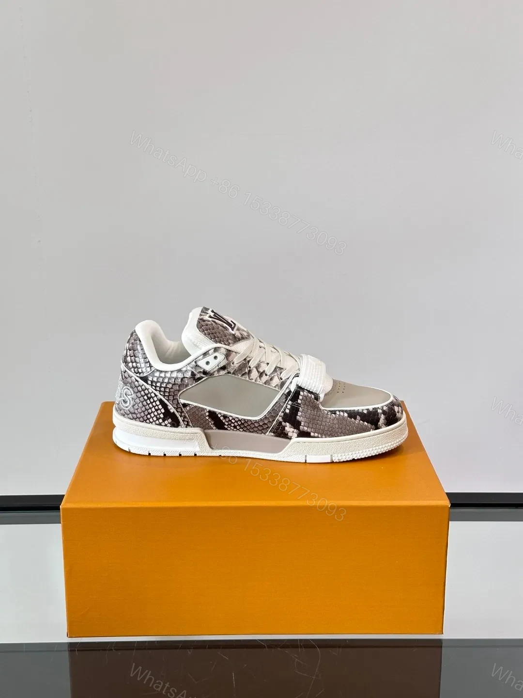View 6 of LV Men Grey Snake Print Leather Sneakers