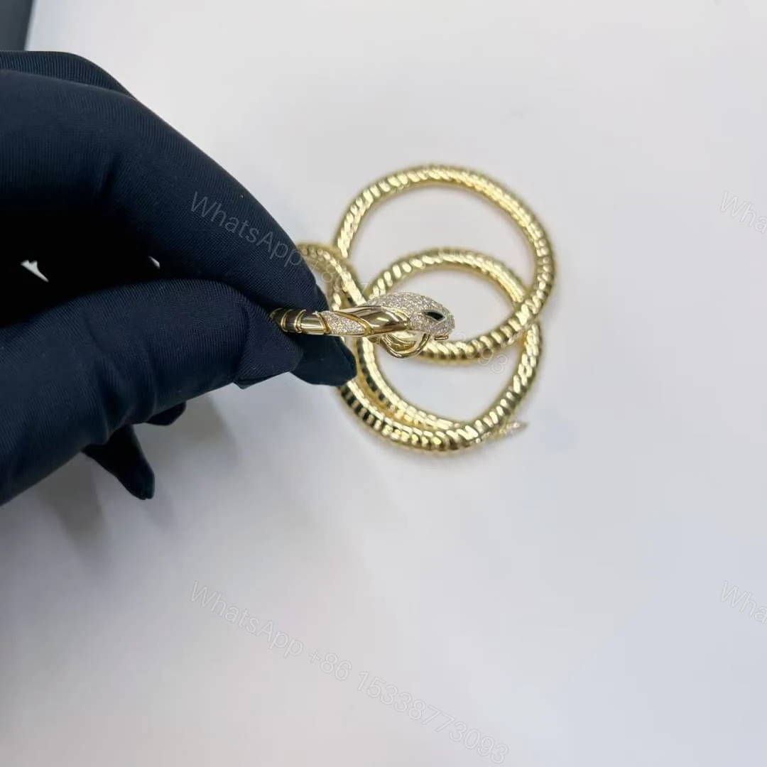 View 4 of 18kt Yellow Gold Bvlgari Tubogas Necklace with Head and Tail Diamonds Onyx 360632