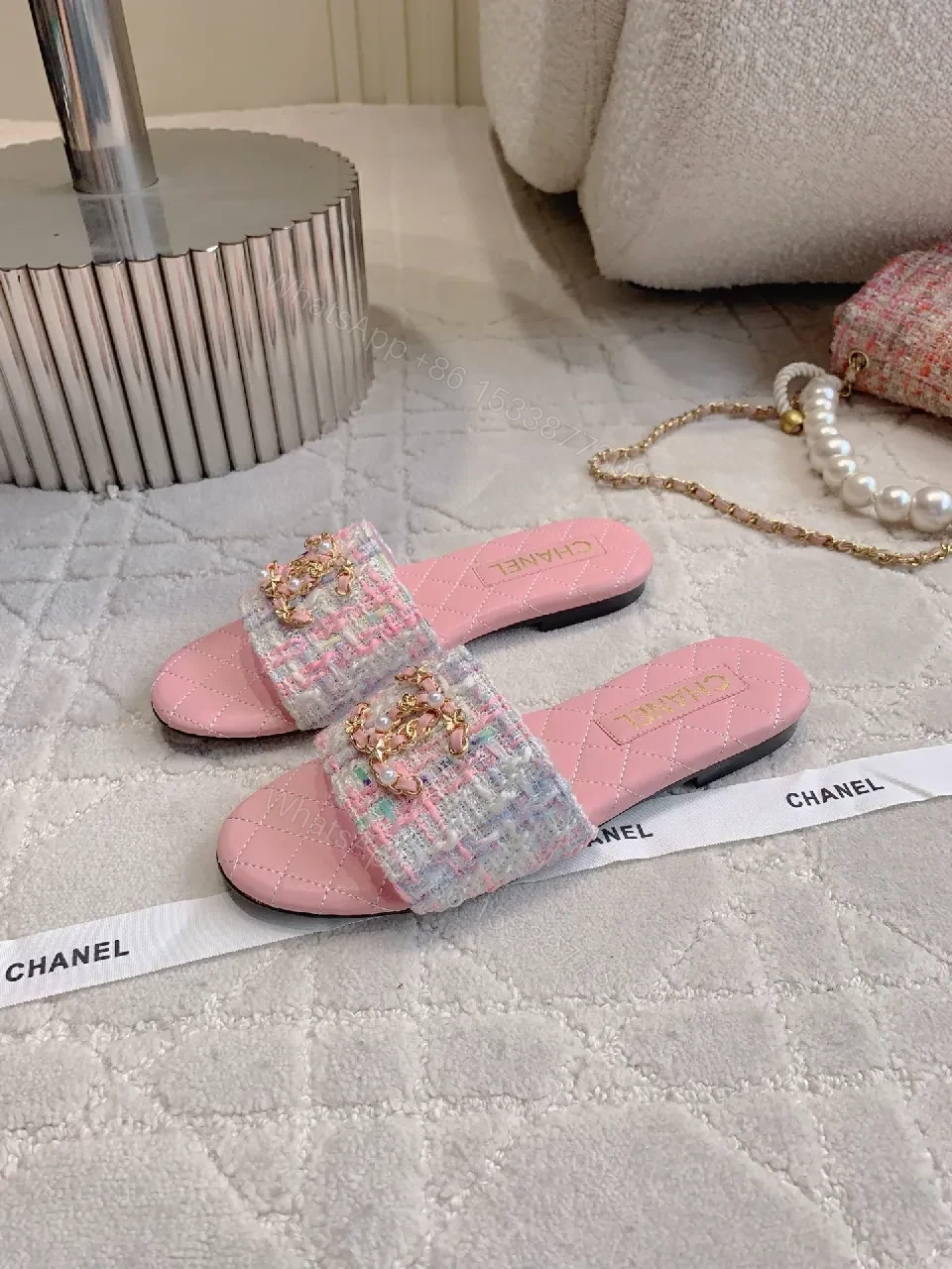 View 7 of Pink Quilted Slide Sandals: Luxe Comfortable Slip-Ons