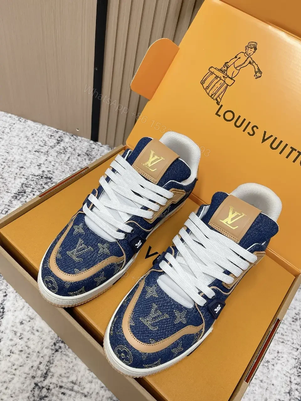 Denim Monogram High-Top Sneakers: Luxury Streetwear Comfort — view 1