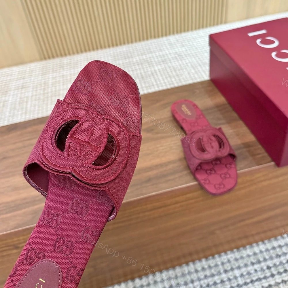 View 7 of GUCCI WOMEN SLIDE SANDAL WITH INTERLOCKING G ROSSO ANCORA RED GG CANVAS ‎790447 9SF00 8549