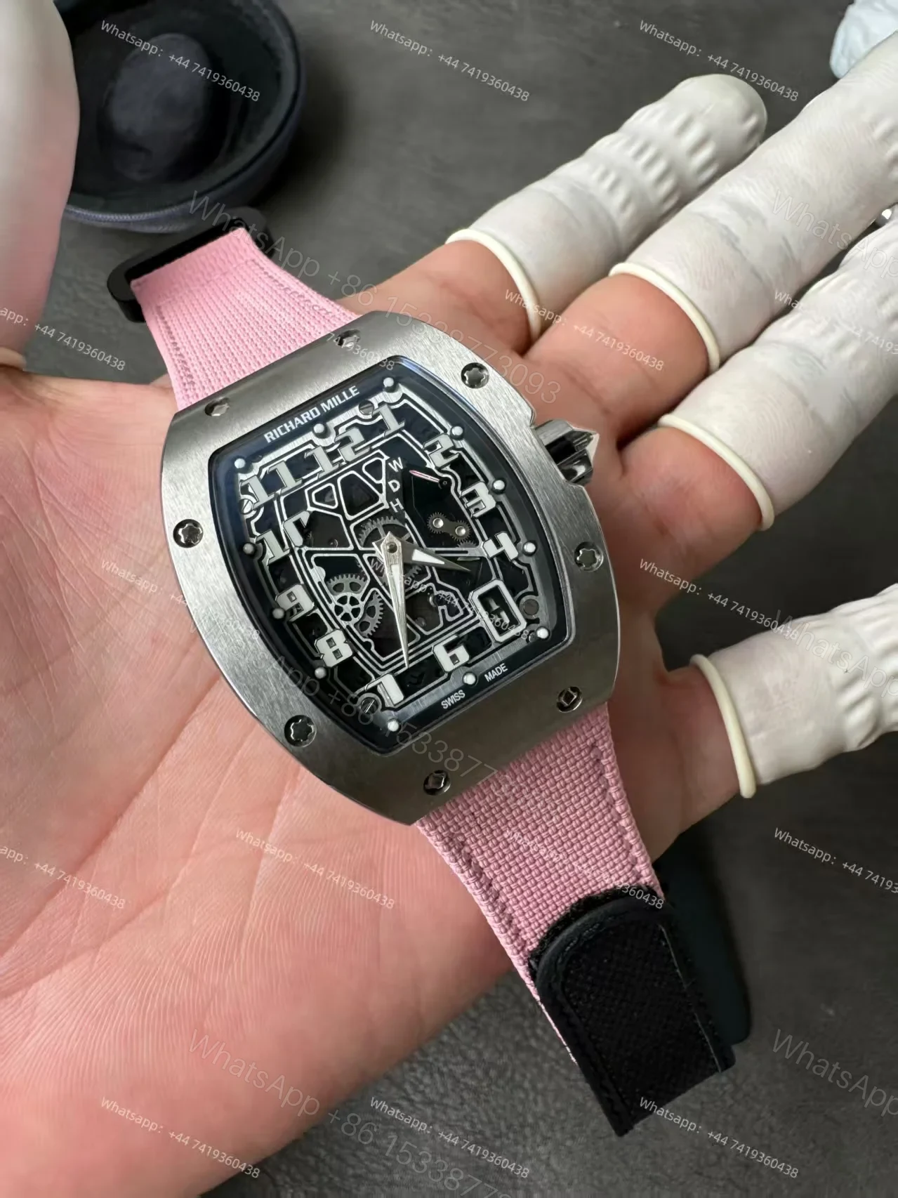 View 4 of Super Clone Richard Mille RM 67-01 Titanium Skeleton Pink Velcro Strap