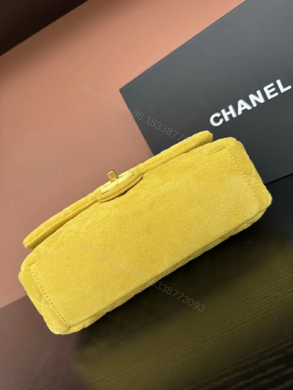 View 5 of Mustard Quilted Mini Flap Bag with Gold Chain