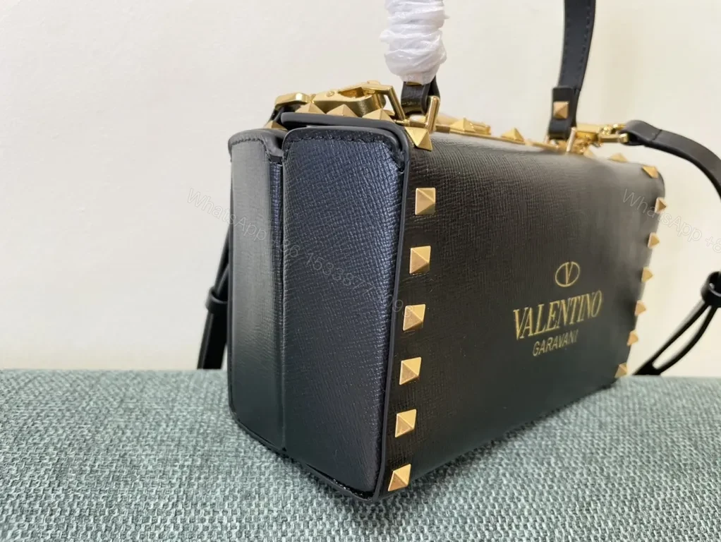 View 7 of Bold Black Leather Handbag with Gold Studs - Valentino Style Bag