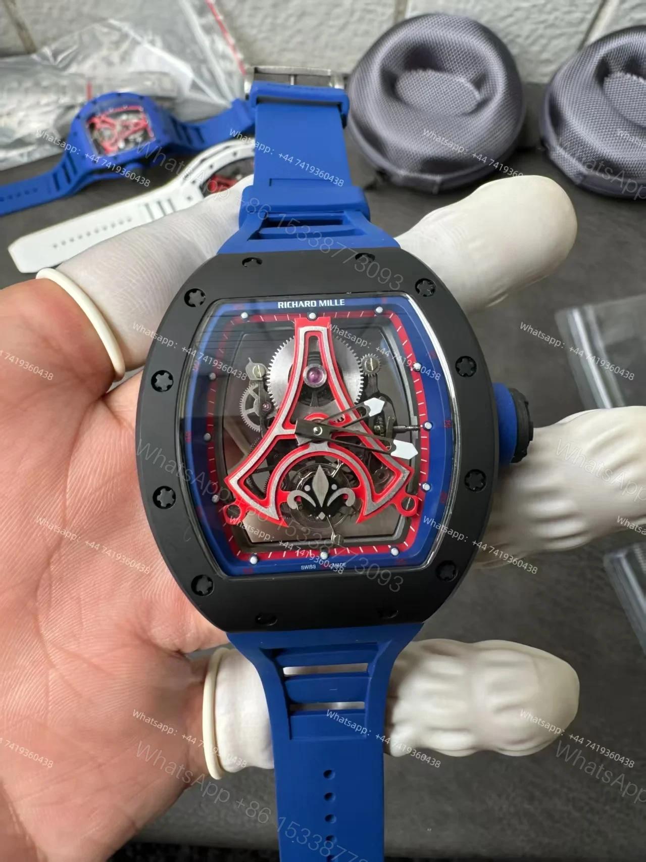 View 5 of Super Clone Richard Mille RM52-03 Paris Saint-Germain Black Ceramic Skeleton Tourbillon 1:1 Replica Watch