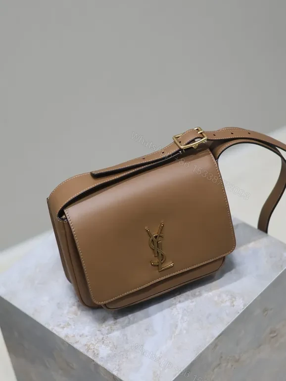 View 9 of Taupe Structured Leather Messenger Bag with Gold Logo, Minimalist Style