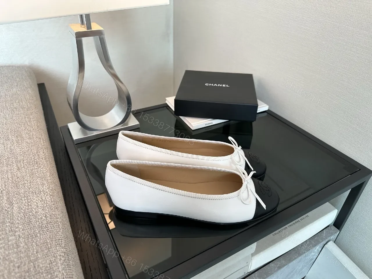 View 9 of Two-Tone Ballet Flats with Black Cap Toe, Leather, Elegant Comfort