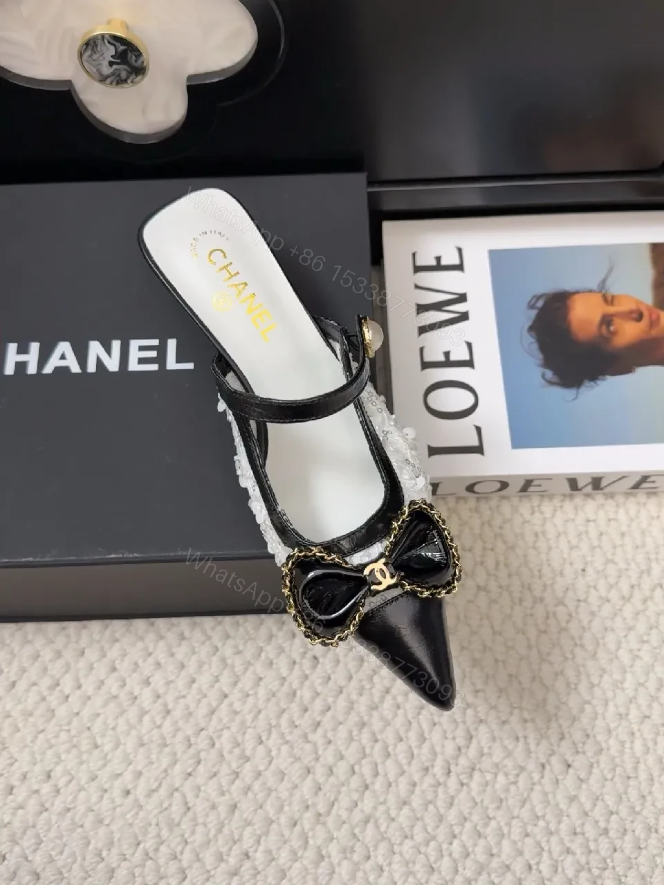 View 8 of Chic Pointed-Toe Mules with Lace Bow Detail, Open- Heel footwear