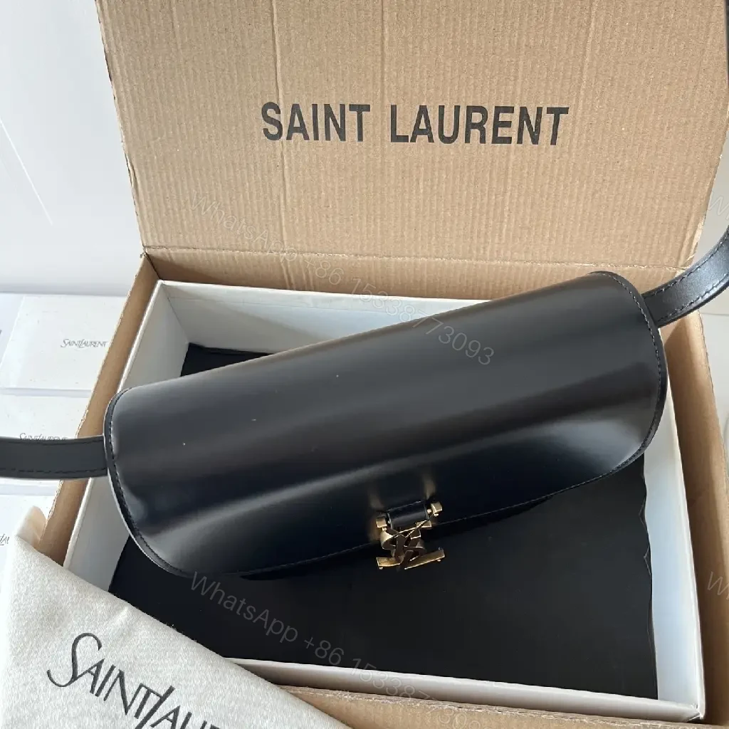 View 7 of Compact Black Leather Crossbody: Gold YSL-Inspired Minimalist Bag