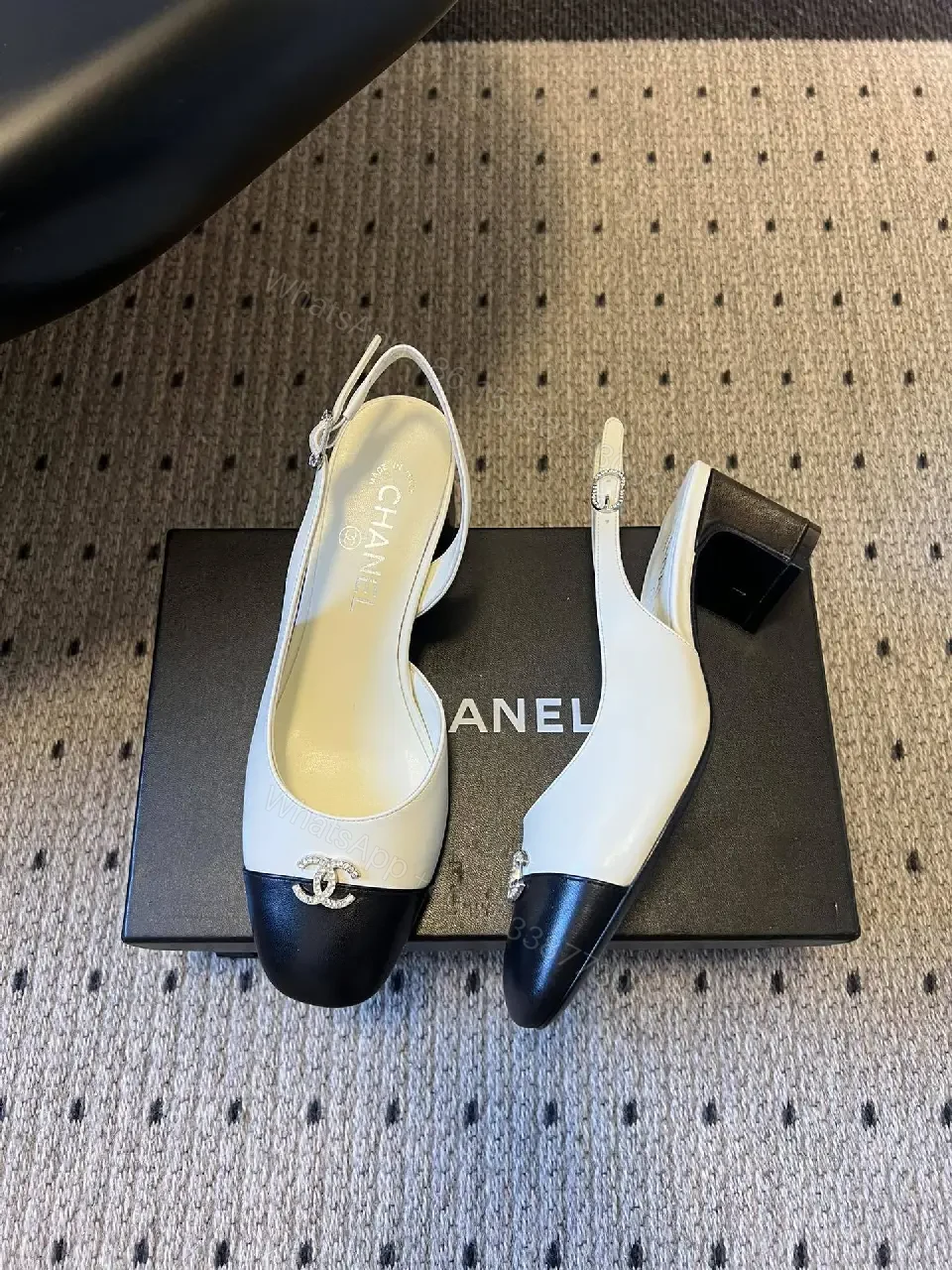 View 3 of Two-Tone Leather Slingback Pumps with Logo Hardware