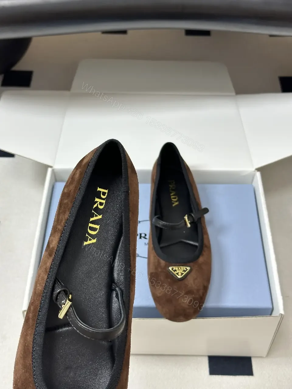 View 7 of Brown Suede Mary Jane Flats Black Trim Classic Prada-Style Logo Shoe