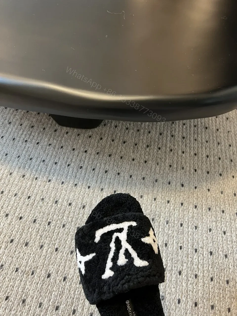 View 6 of Chunky Black Fleece Slides + Monogram Luxe + Open-Back + Plush Comfort + Sliders
