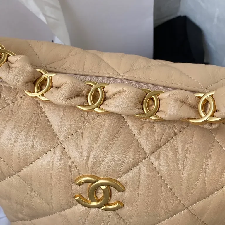 View 9 of Soft Beige Quilted Convertible Bag with Gold Chain, Leather, Chic Luxury Bag