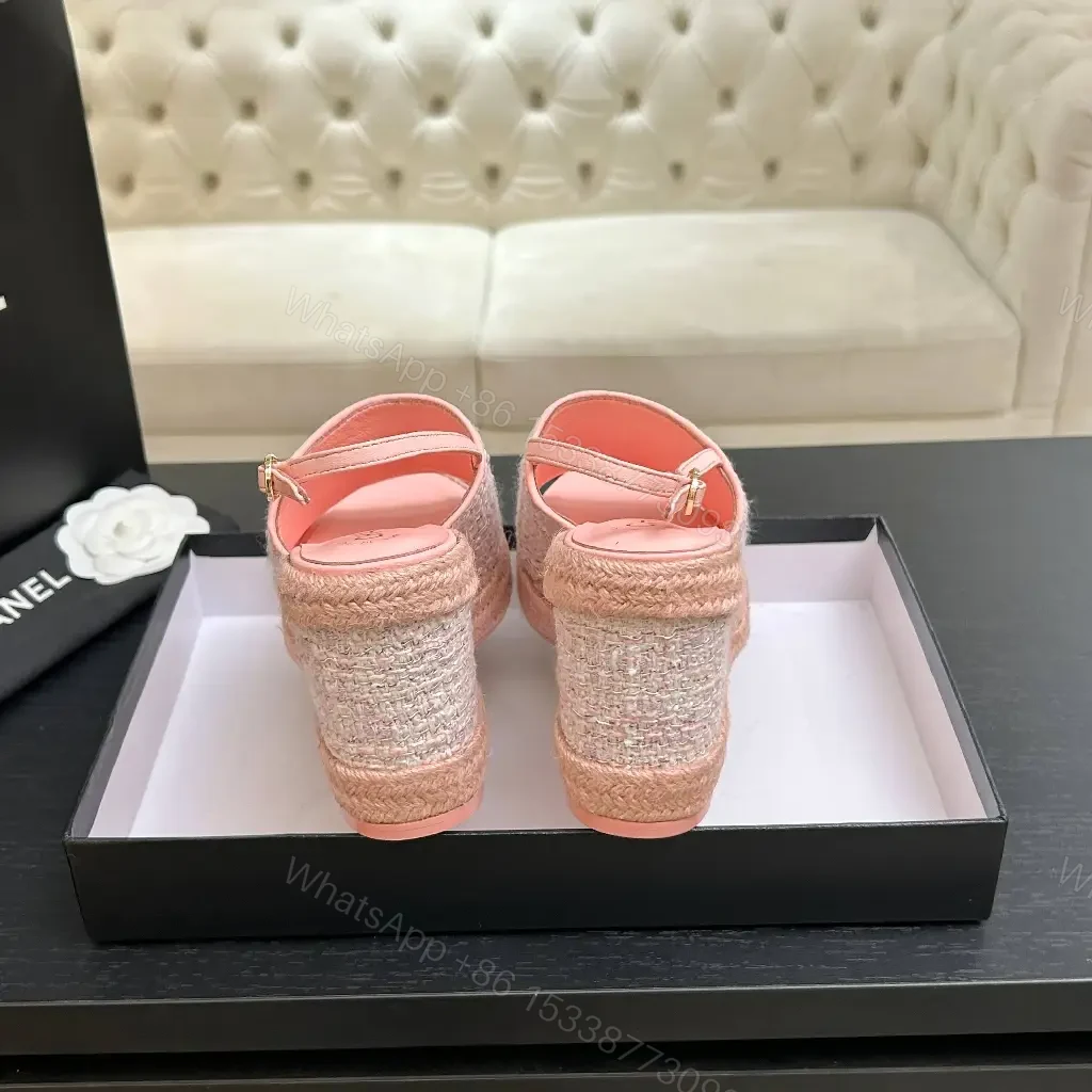 View 8 of Textured Pink Espadrille Wedges – Knit Upper, Platform Glam