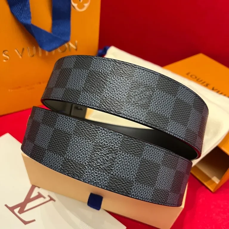 View 2 of Louis Vuitton Damier Belt: Matte Buckle, Full-Grain Backing, Navy/Graphite