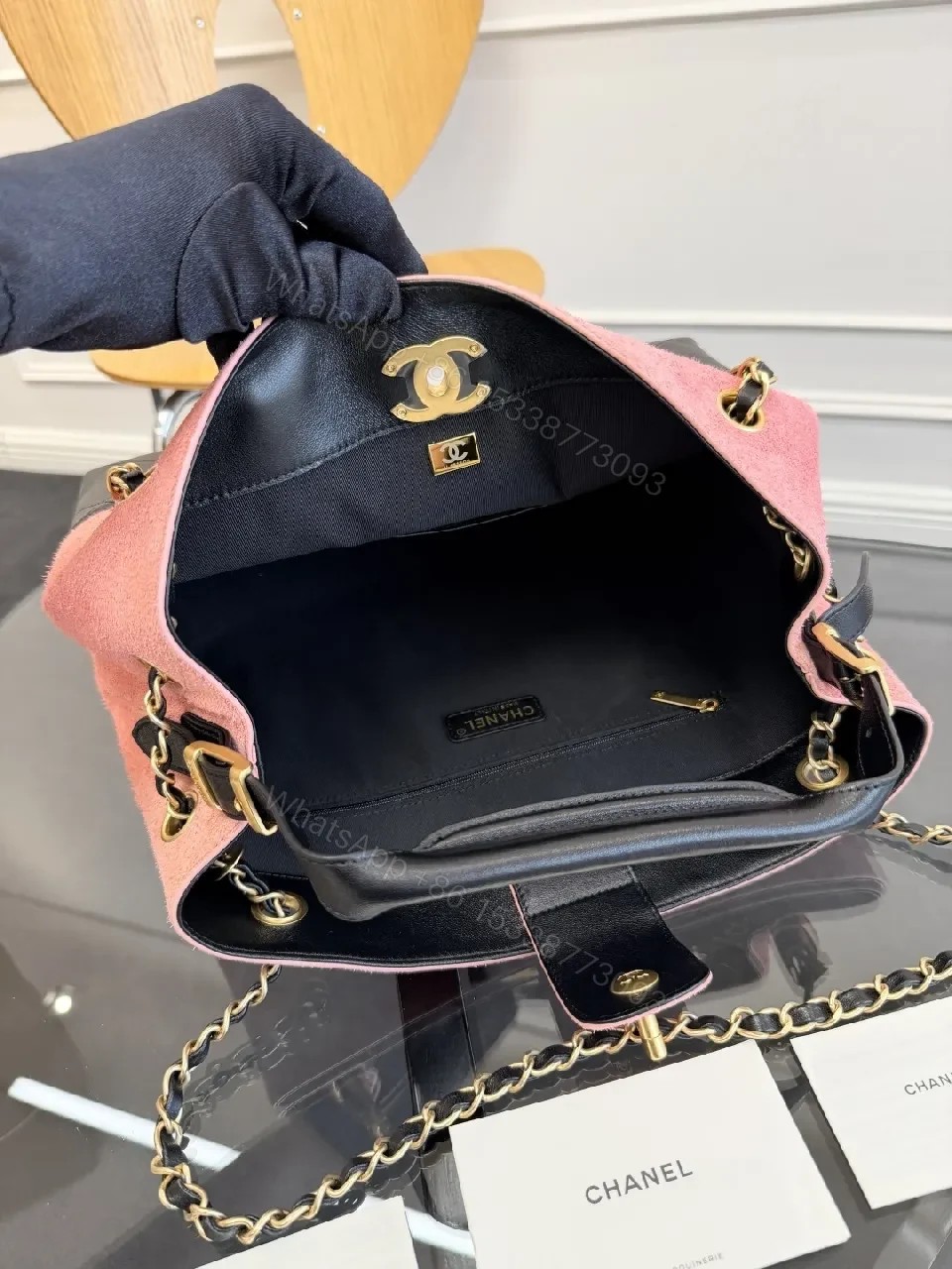 View 4 of Pink Black Quilted Tote with Chain - Modern Luxury Bag