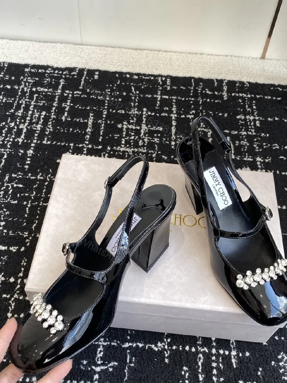 View 9 of Crystal-Embellished Black Patent Slingbacks with Adjustable Strap