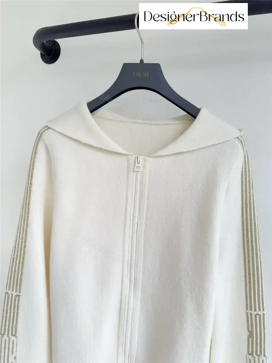 View 3 of Off-White Zip Hoodie with Striped Sleeves: Subtle Luxury Hoodie