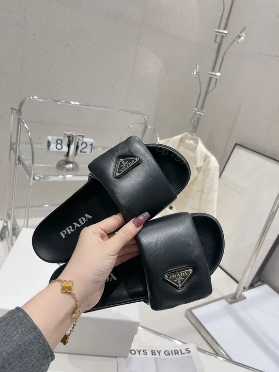 View 4 of Black Leather Prada-Style Minimalist Slide with Logo & Lug Outsole