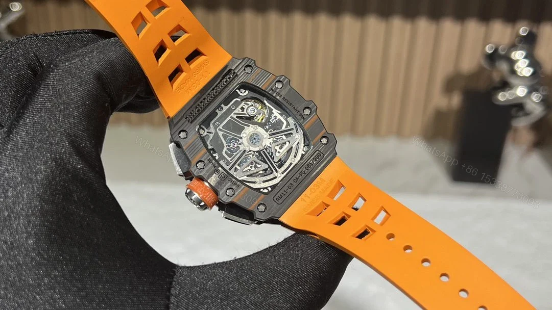 View 5 of Replica Richard Mille RM 11-03 McLaren Carbon Fiber Skeleton Chronograph Orange Rubber Strap