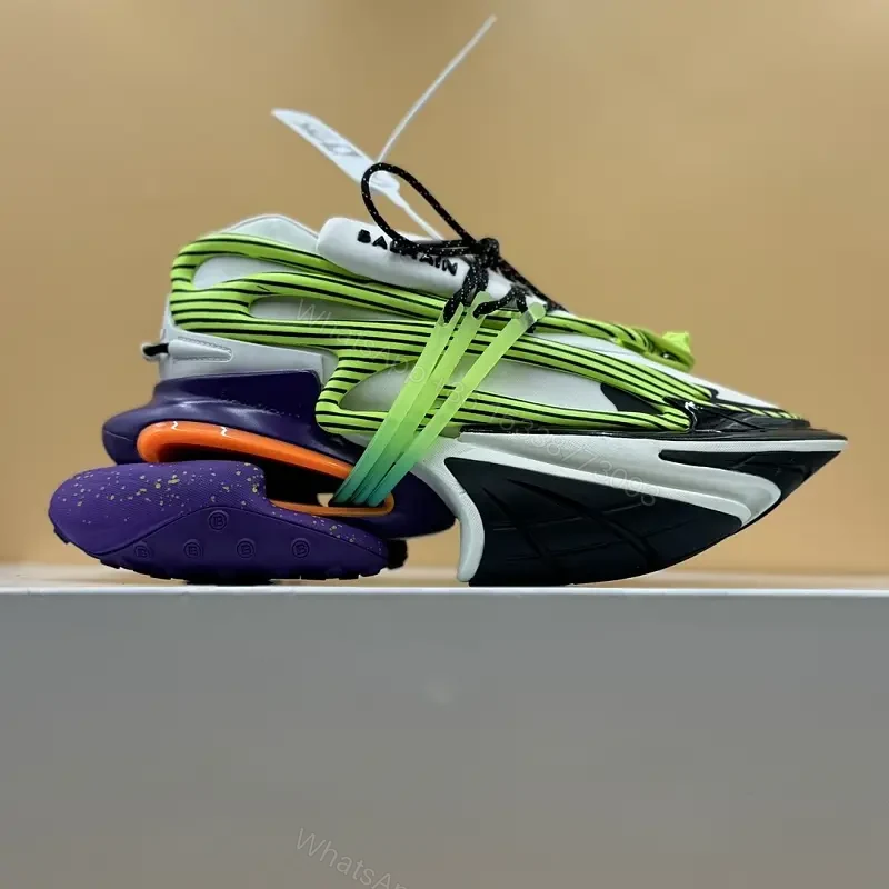 Neon green striped sneaker in mixed materials for premium everyday luxury — view 1