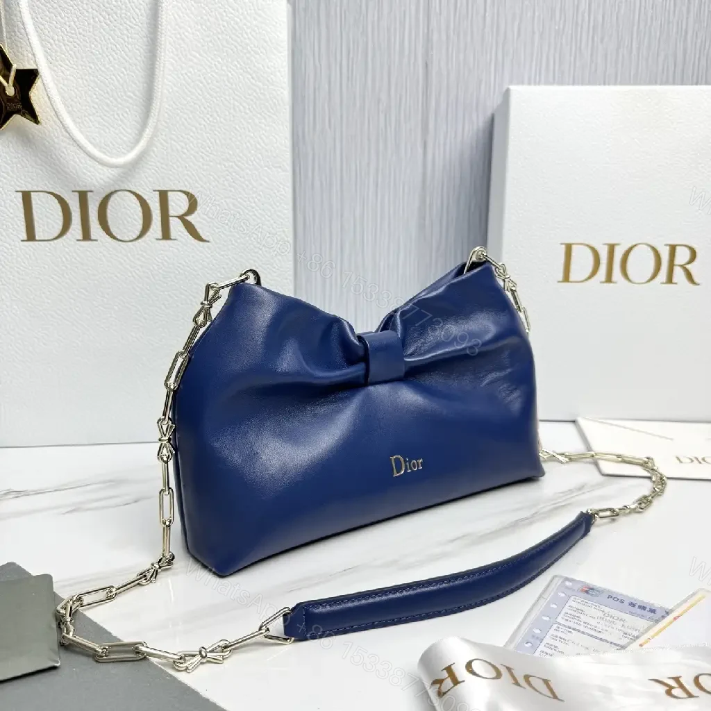 View 8 of Elegant Navy Textured Bag with Bowed Chain - Luxury Everyday Tote
