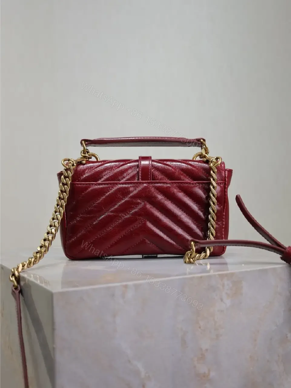 View 6 of Burgundy Quilted Crossbody Bag: Gold Hardware, Structured Style