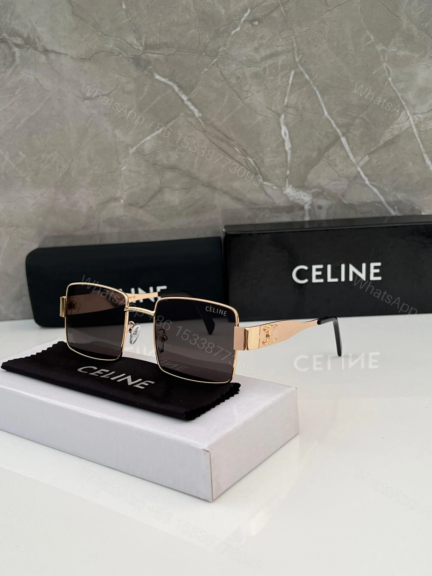 View 2 of Celine Square Sunglasses Gold Frame Black Lenses