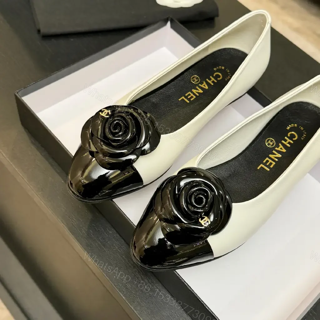 View 7 of Chic White & Black Ballet Flats with Rose Embellishment