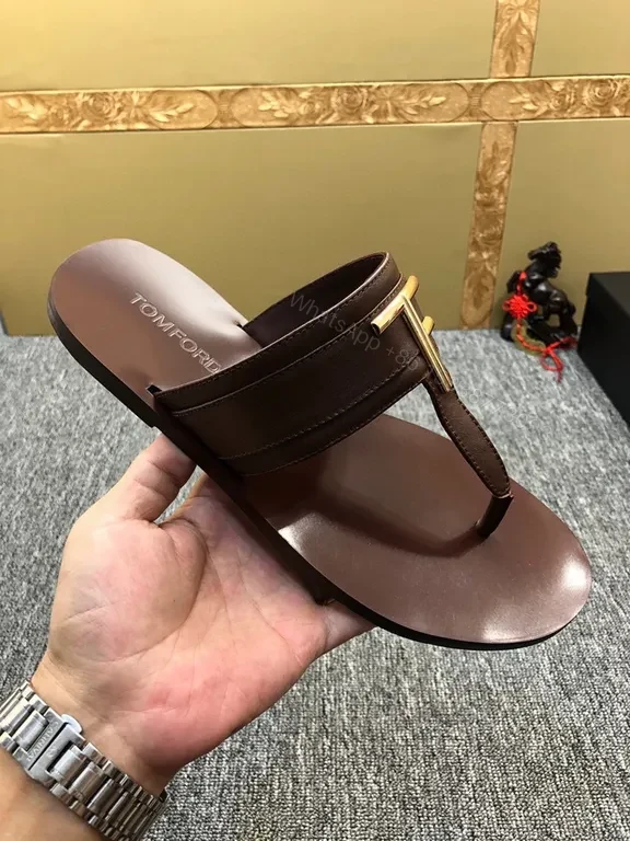 Brown Leather T-Bar Sandal with Gold Hardware - Tom Ford Style — view 1