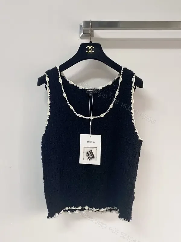 Navy Boucle Knit Tank with Fringe Trim – Luxe Studio Style — view 1