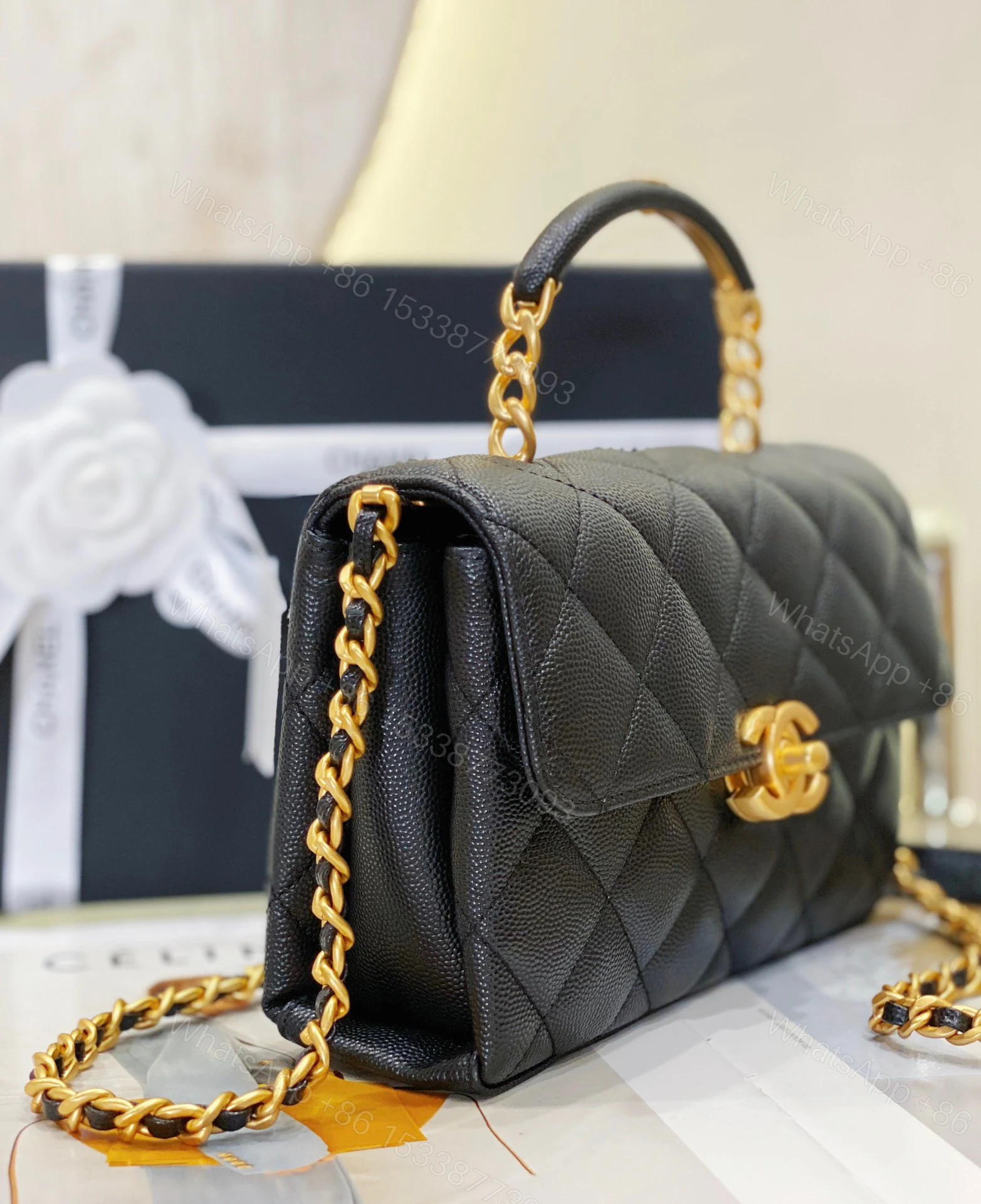 View 3 of Chanel Handle Woman’s Black Leather Handbags Pebbled Leather 19cm