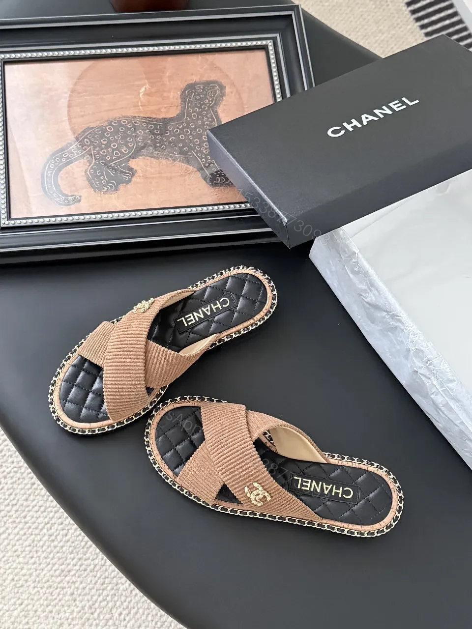 View 6 of Leather-Wrapped Espadrille Slides with Knit Strap, Quilted Footbed