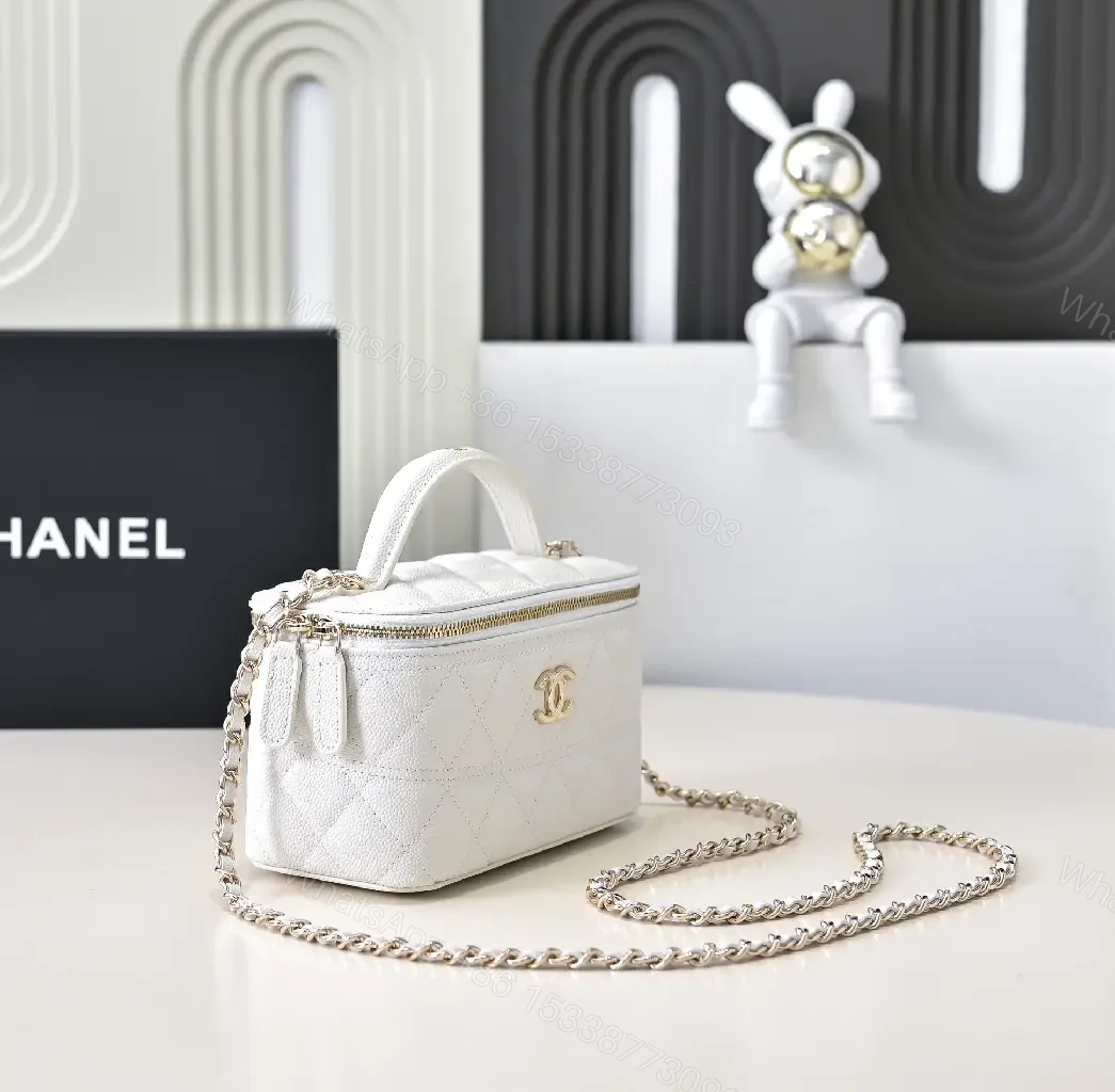 View 2 of Quilted White Belt Bag with Gold Emblem, Compact Luxury