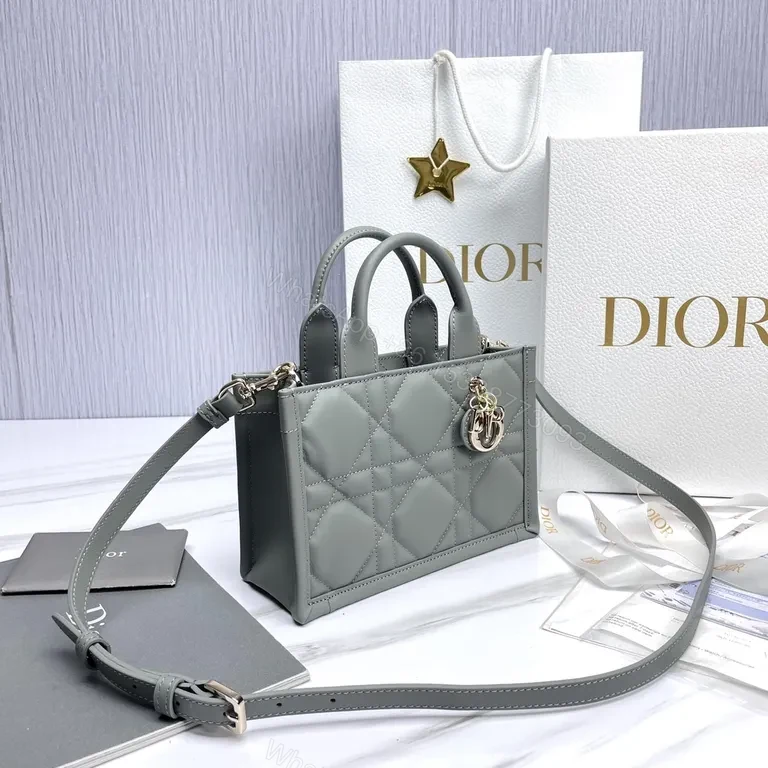 View 8 of Grey Quilted Lady Imitation Dior Top-Handle Bag