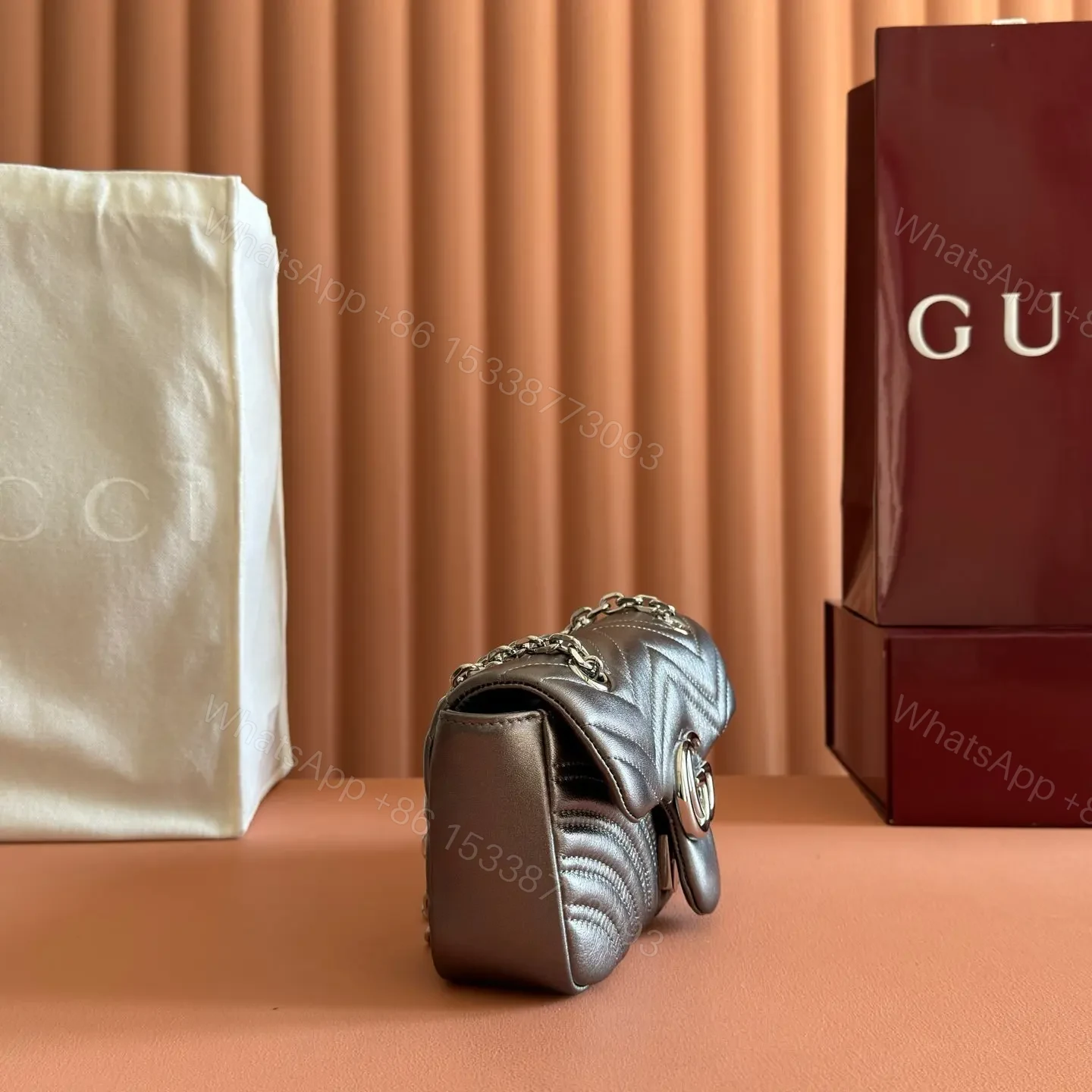 View 3 of GUCCI GG MARMONT BAG 22 IN WARM GRAY BROWN LAMBSKIN