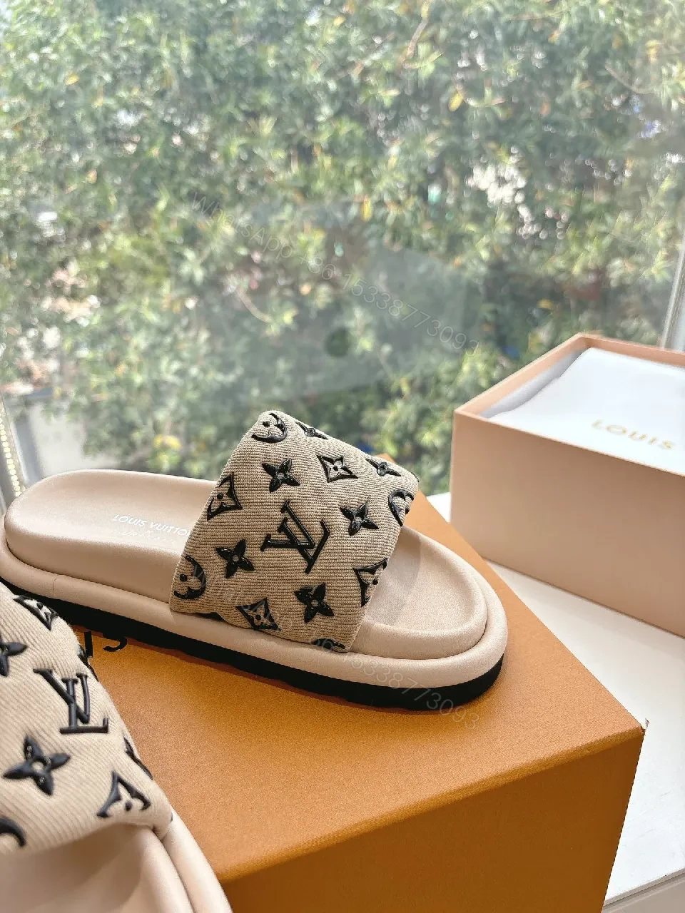 View 7 of Beige Monogram Sandals: Luxury Comfort Slip-Ons