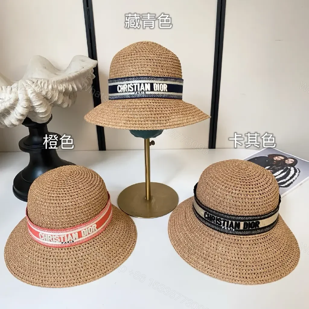 View 11 of Light Brown Straw Hat Wide Brim Red Dior Band Hat