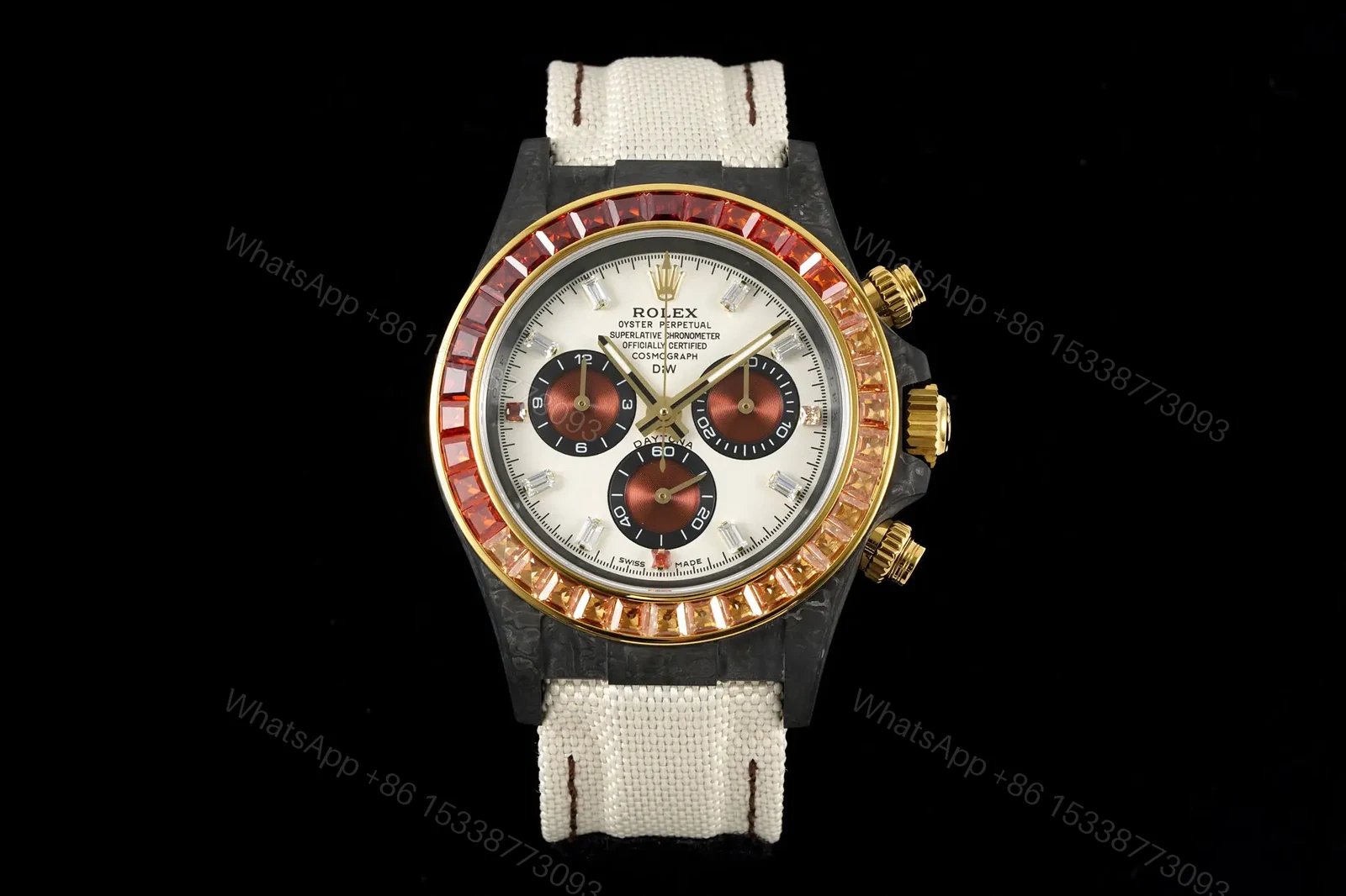 Rolex Daytona 40mm Carbon Fiber Dial Rainbow Bezel White Strap Watch RLX-DAY-CARBON-40-RBW-WHT — view 1