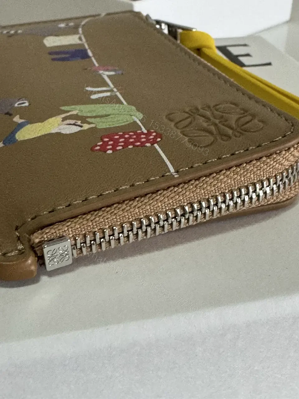 View 7 of Light Brown Leather Pebbled Wallet - ZipAround with Colorful Scene LOEWE Logo