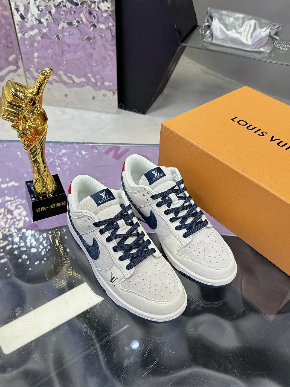 View 4 of White Leather Navy Accented Low-Top Sneakers: Premium Comfort, Subtle LV-Inspired Detailing